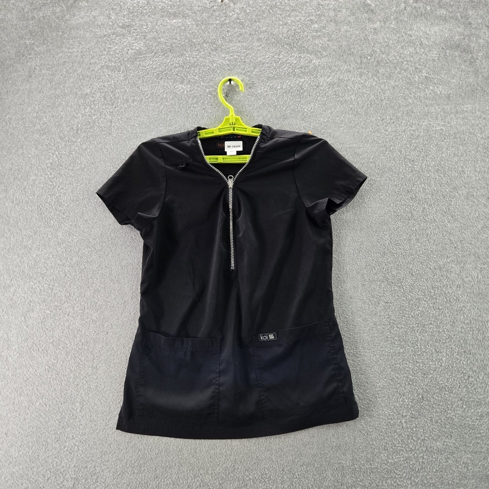 Koi Basics Women Scrub Top XS Black Zip Front Short Sleeve
